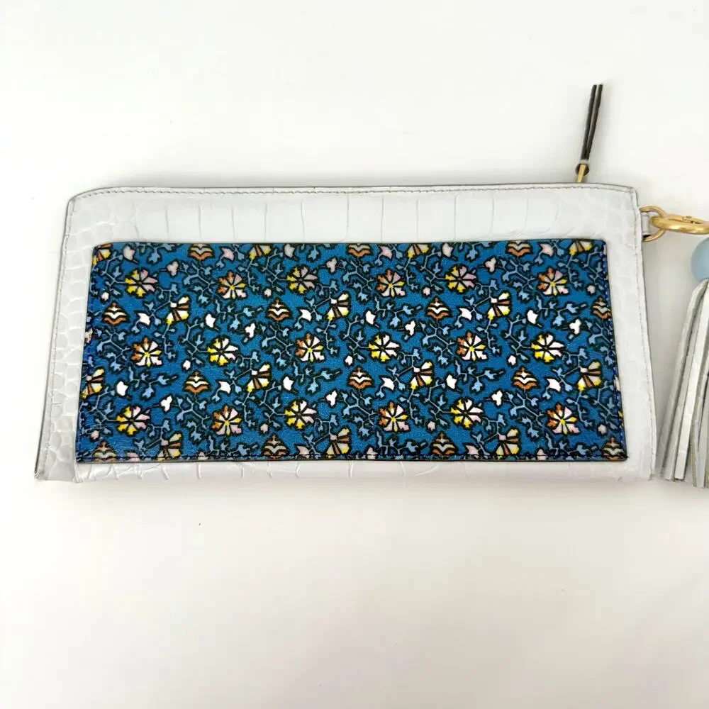 Tory Burch Embossed Leather Wallet Clutch White with Blue Floral Accent